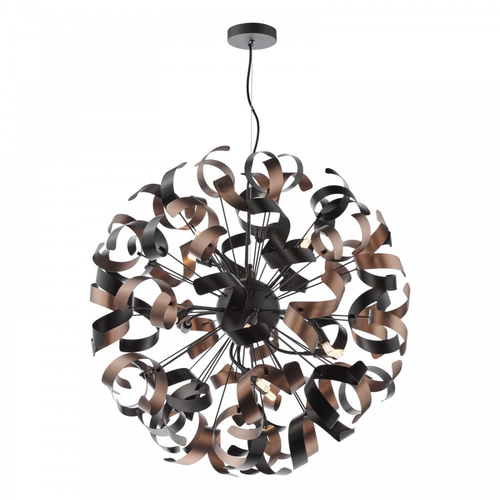 Swash 12 Light Ceiling Pendant Light In Black With Copper And Black Ribbons SWA1222-07