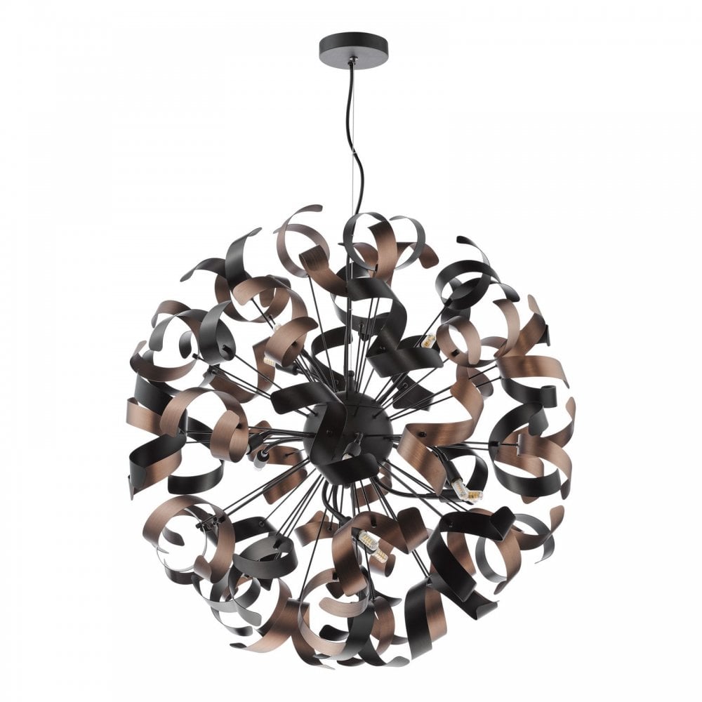Swash 12 Light Ceiling Pendant Light In Black With Copper And Black Ribbons SWA1222-07