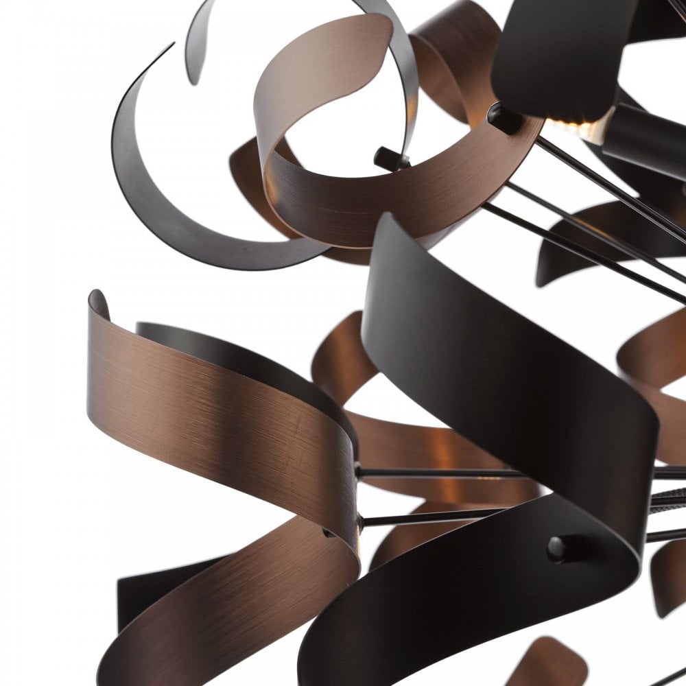 Swash 12 Light Ceiling Pendant Light In Black With Copper And Black Ribbons SWA1222-07