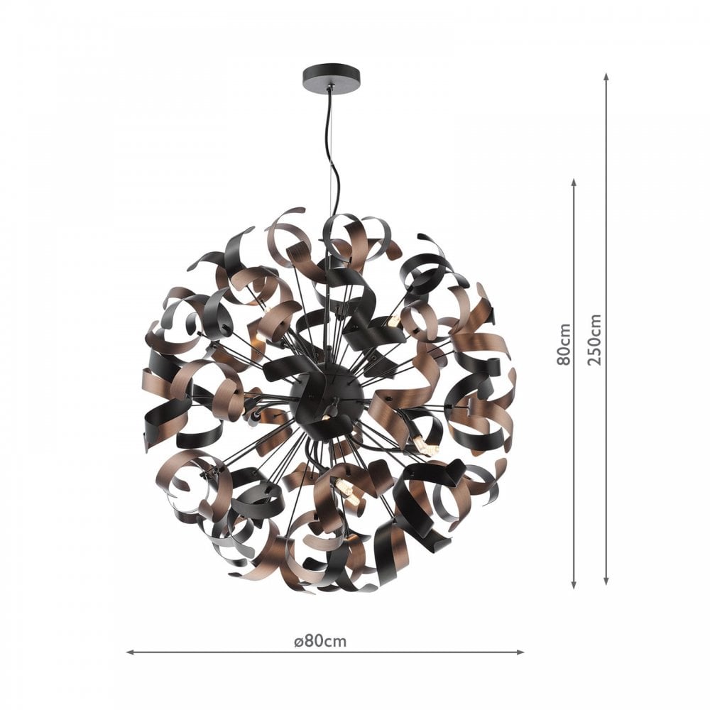 Swash 12 Light Ceiling Pendant Light In Black With Copper And Black Ribbons SWA1222-07