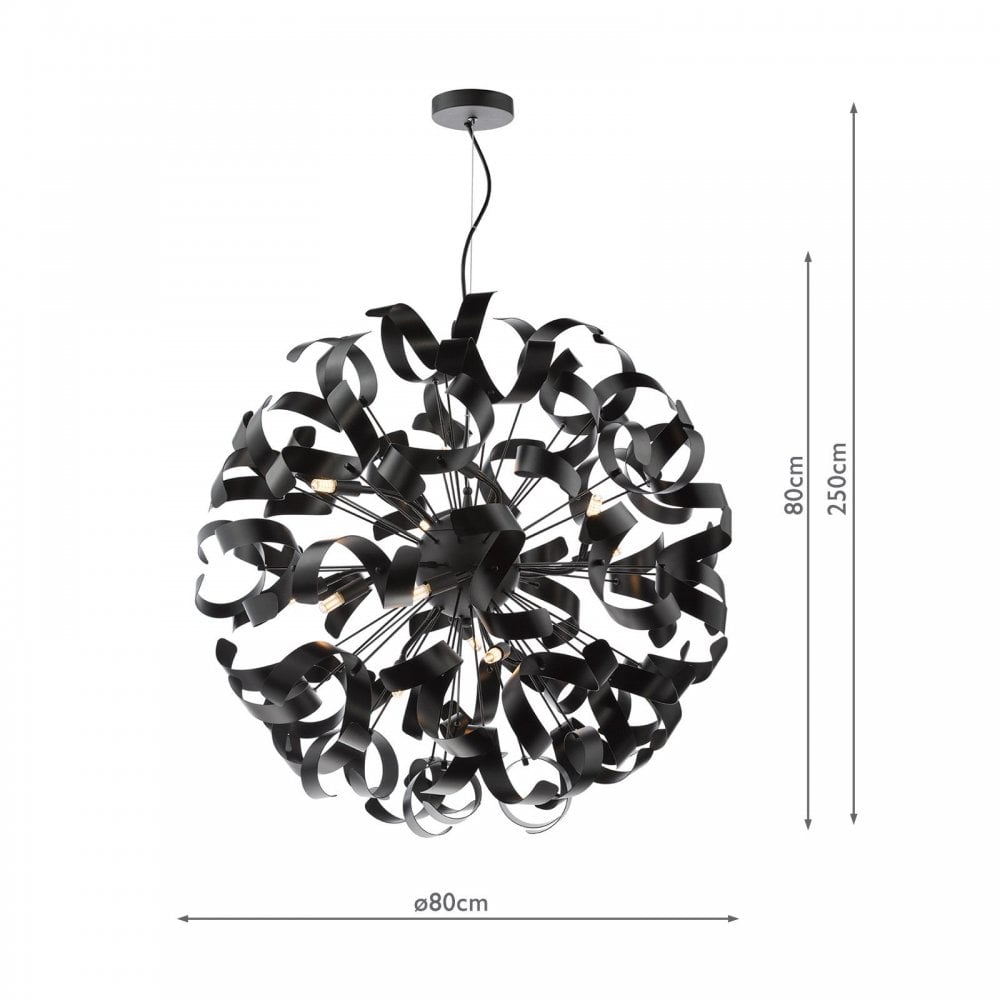 Swash 12 Light Ceiling Pendant In Matt Black With Black Ribbons SWA1222-03