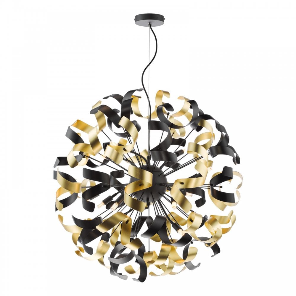 Swash 12 Light Ceiling Pendant Light In Matt Black With Black And Gold Ribbons SWA1222-02