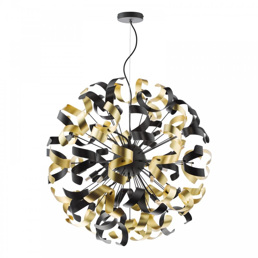 Swash 12 Light Ceiling Pendant Light In Matt Black With Black And Gold Ribbons SWA1222-02