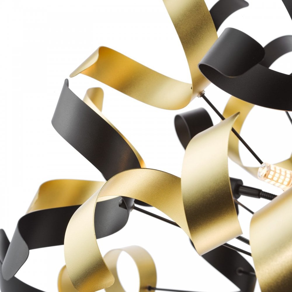 Swash 12 Light Ceiling Pendant Light In Matt Black With Black And Gold Ribbons SWA1222-02