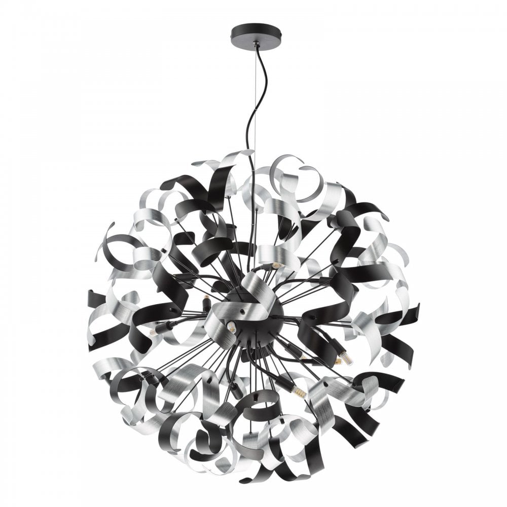 Swash 12 Light Ceiling Pendant Light In Black With Black And Aluminium Ribbons SWA1222-01