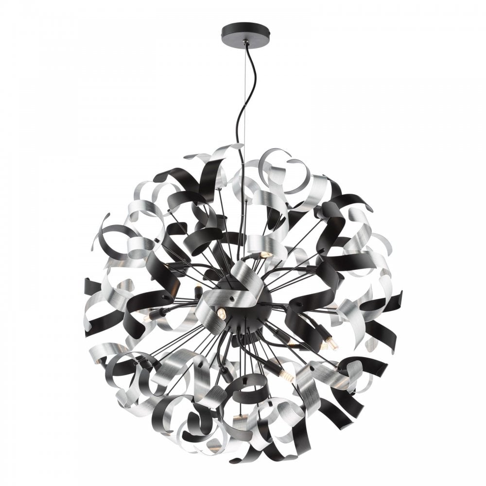 Swash 12 Light Ceiling Pendant Light In Black With Black And Aluminium Ribbons SWA1222-01