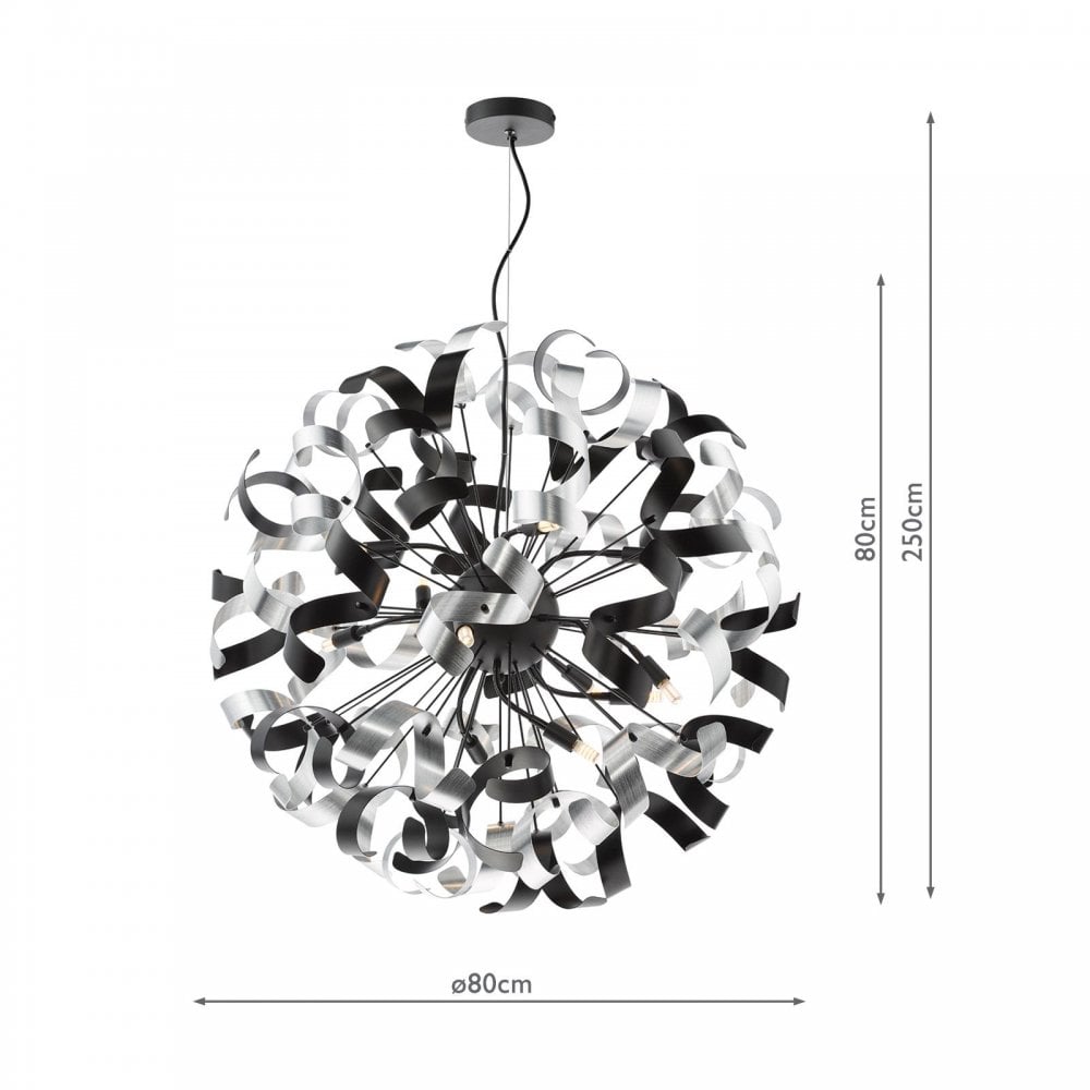 Swash 12 Light Ceiling Pendant Light In Black With Black And Aluminium Ribbons SWA1222-01