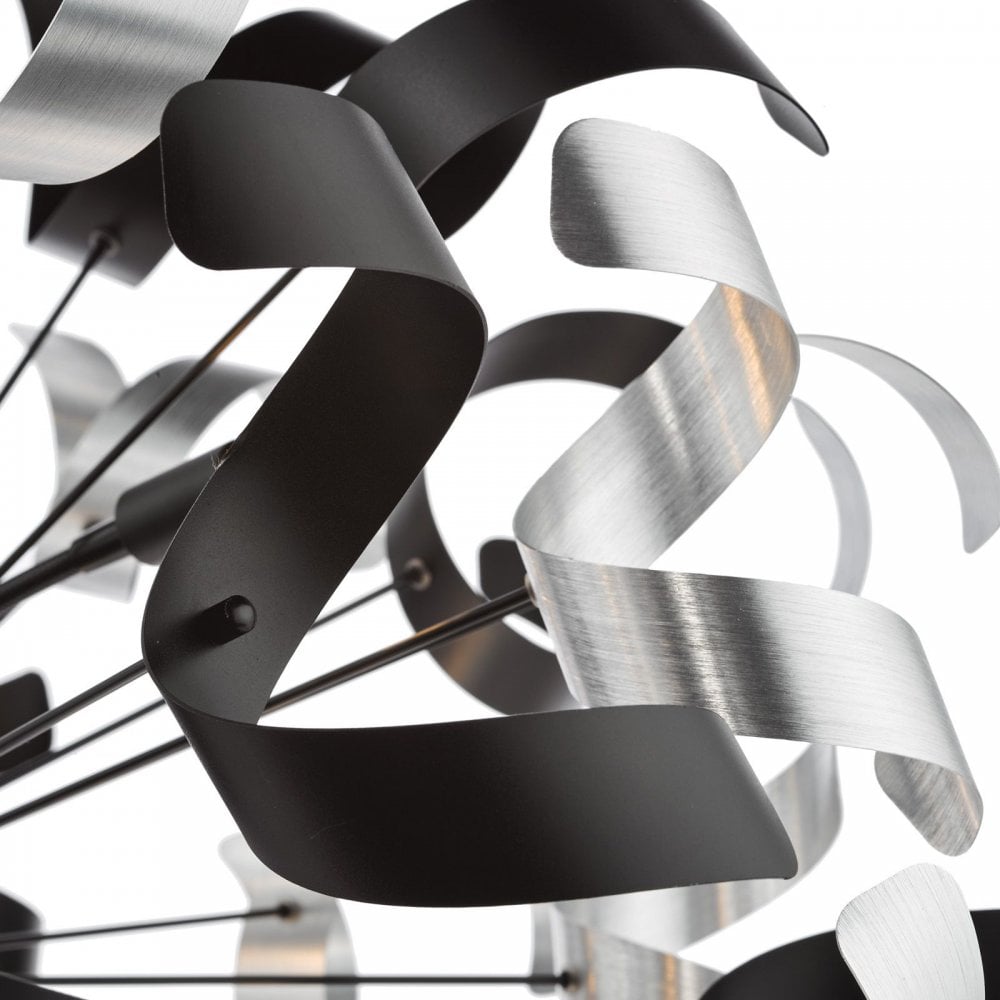 Swash 12 Light Ceiling Pendant Light In Black With Black And Aluminium Ribbons SWA1222-01