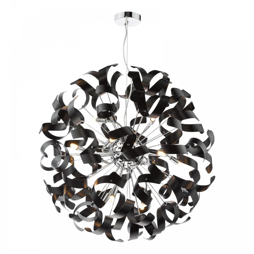 Swash 12 Light Ceiling Pendant Light In Polished Chrome With Black Ribbons SWA1250-03
