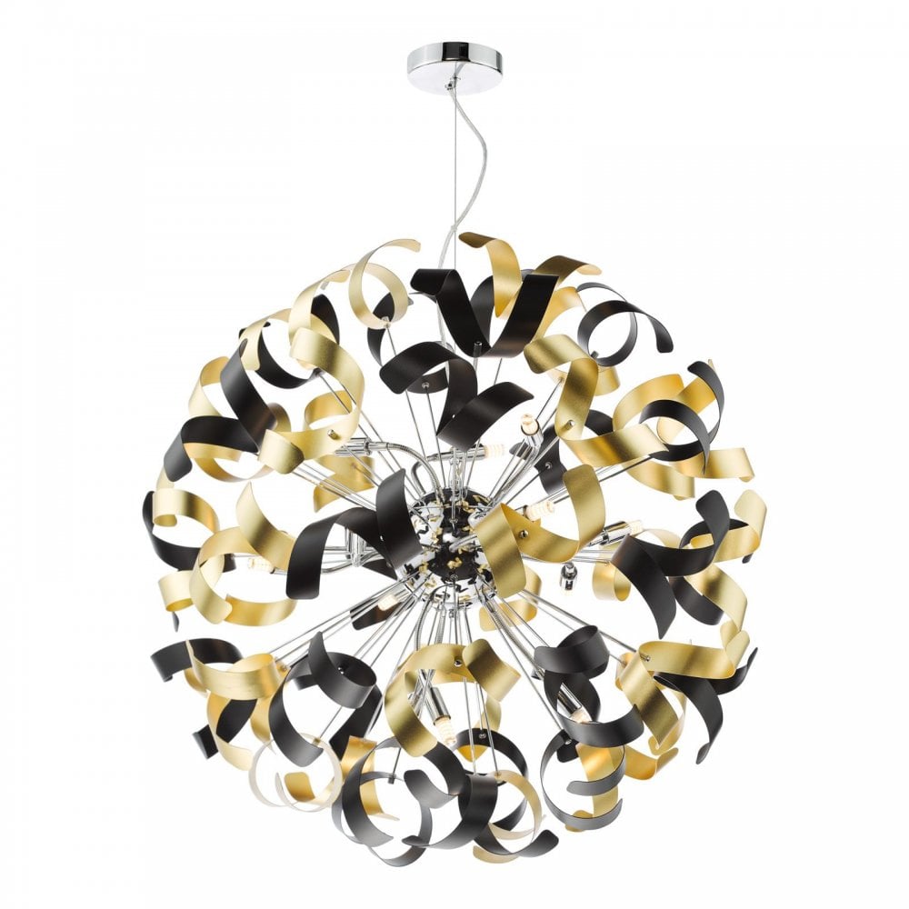 Swash 12 Light Ceiling Pendant Light In Chrome With Black And Gold Ribbons SWA1250-02