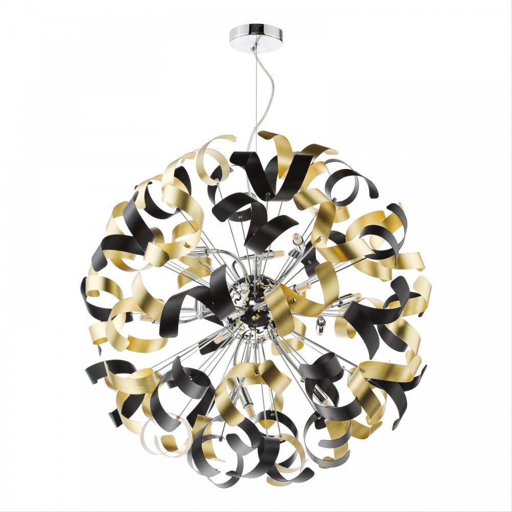 Swash 12 Light Ceiling Pendant Light In Chrome With Black And Gold Ribbons SWA1250-02