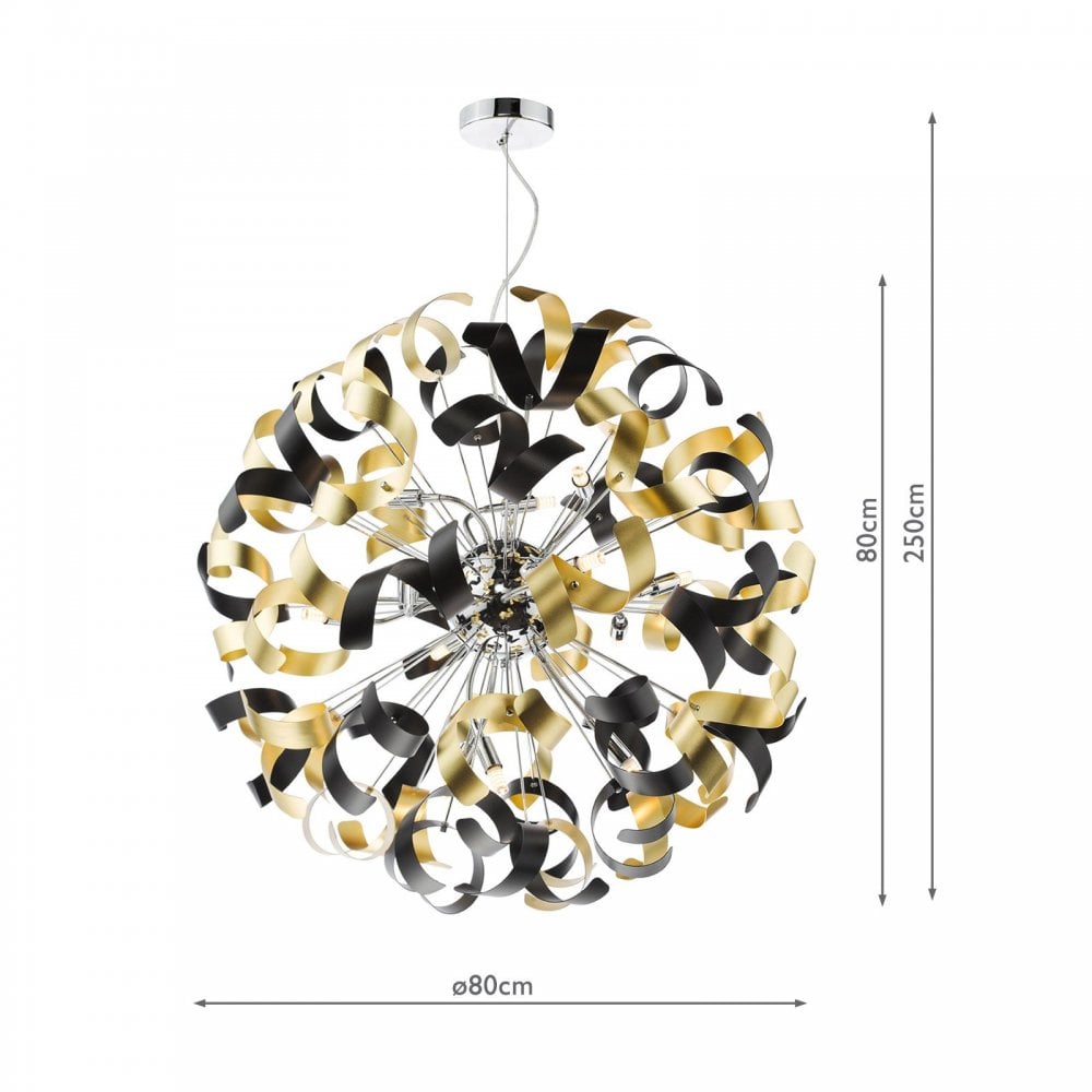 Swash 12 Light Ceiling Pendant Light In Chrome With Black And Gold Ribbons SWA1250-02