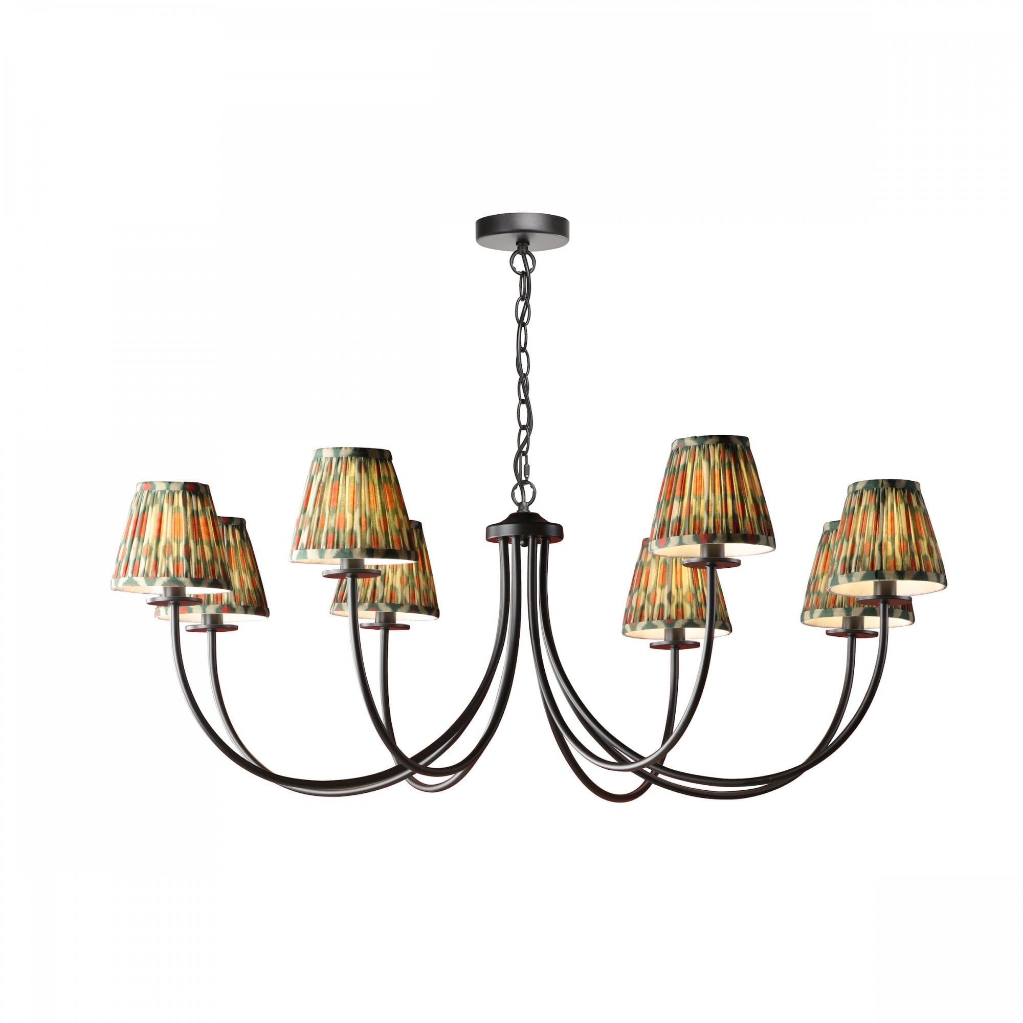 Becca 8 Light Ceiling Pendant In Matt Black Light With Red And Green Shades BEC0822-IKA2625