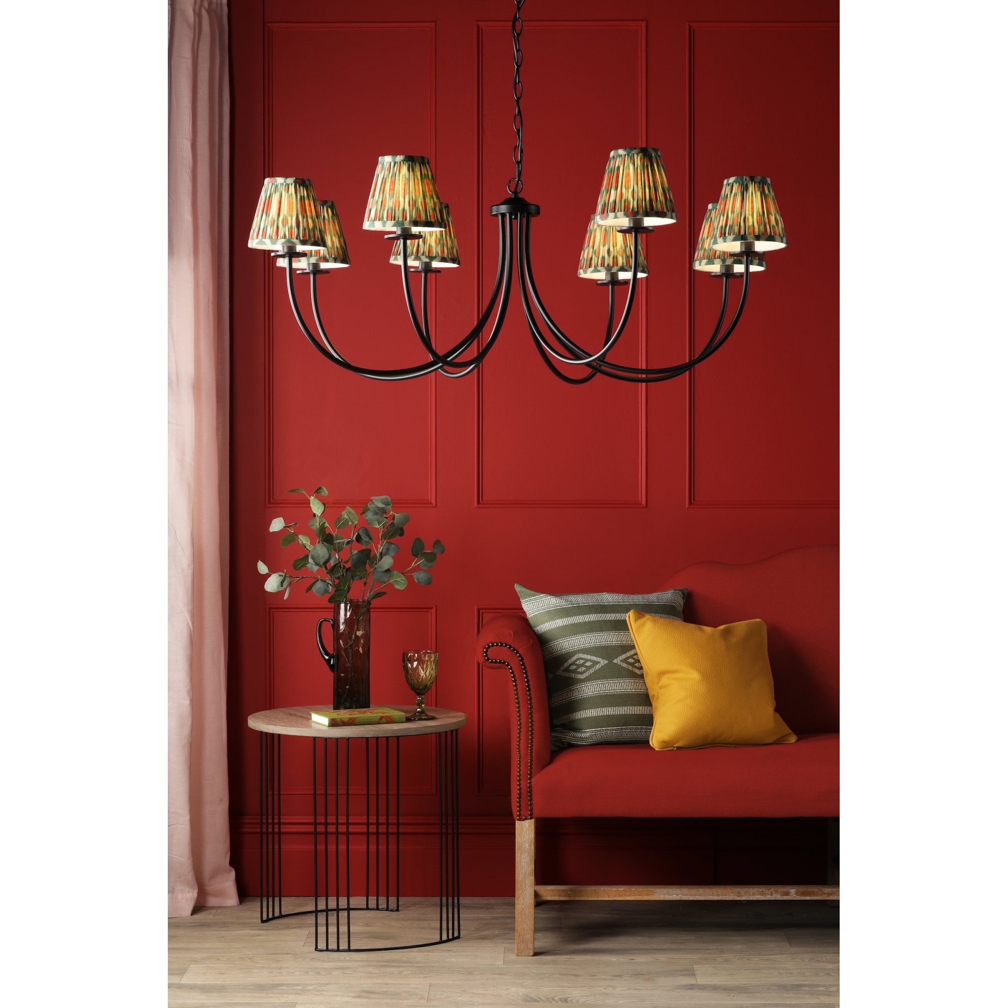 Becca 8 Light Ceiling Pendant In Matt Black Light With Red And Green Shades BEC0822-IKA2625