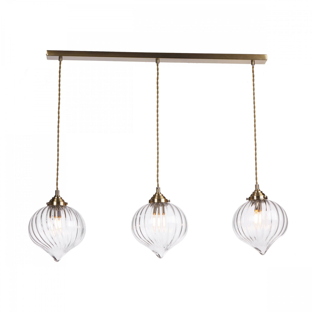 Mya Traditional 3 Light Bar Ceiling Pendant Light In Antique Brass With Ribbed Glass Shades MYA0375