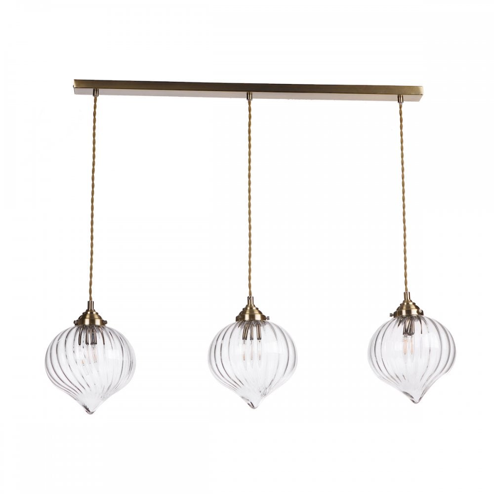 Mya Traditional 3 Light Bar Ceiling Pendant Light In Antique Brass With Ribbed Glass Shades MYA0375