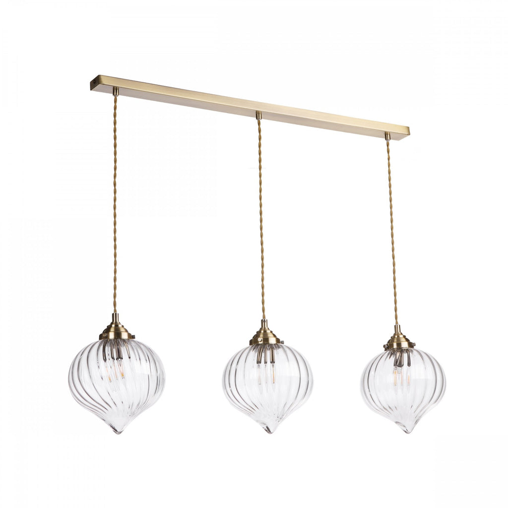 Mya Traditional 3 Light Bar Ceiling Pendant Light In Antique Brass With Ribbed Glass Shades MYA0375