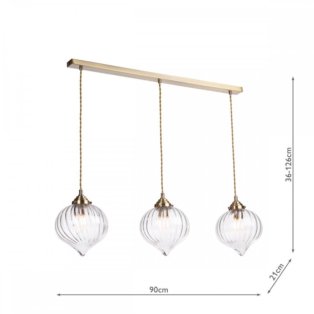 Mya Traditional 3 Light Bar Ceiling Pendant Light In Antique Brass With Ribbed Glass Shades MYA0375