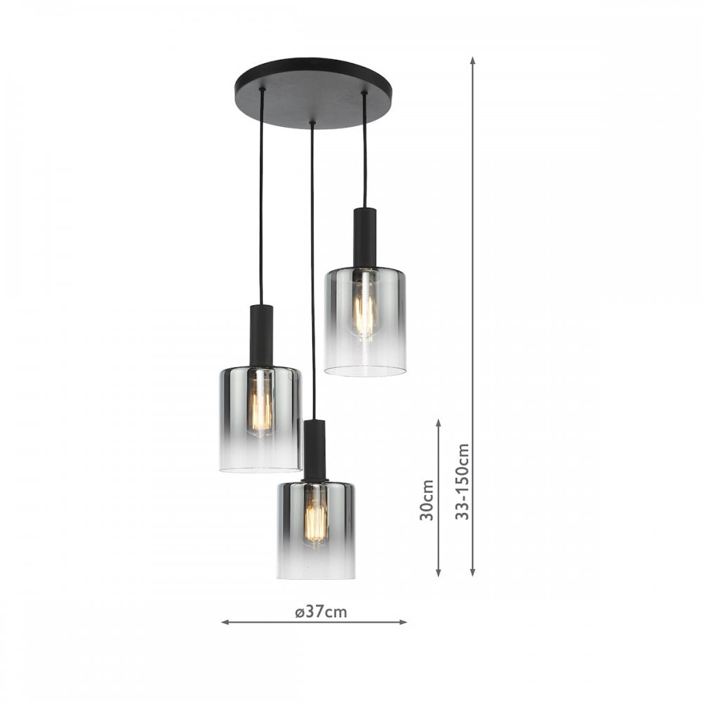 Savannah 3 Light Cluster Ceiling Pendant Light In Matt Black With Smoked Glass SAV8822