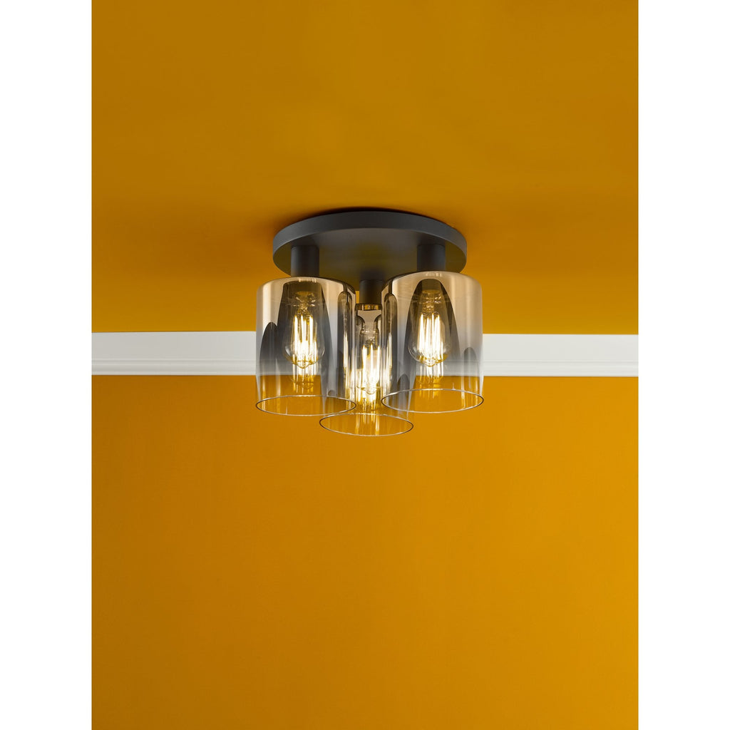 Savannah Modern 3 Light Flush Ceiling Light In Matt Black With Smoked Glass Shades SAV5322