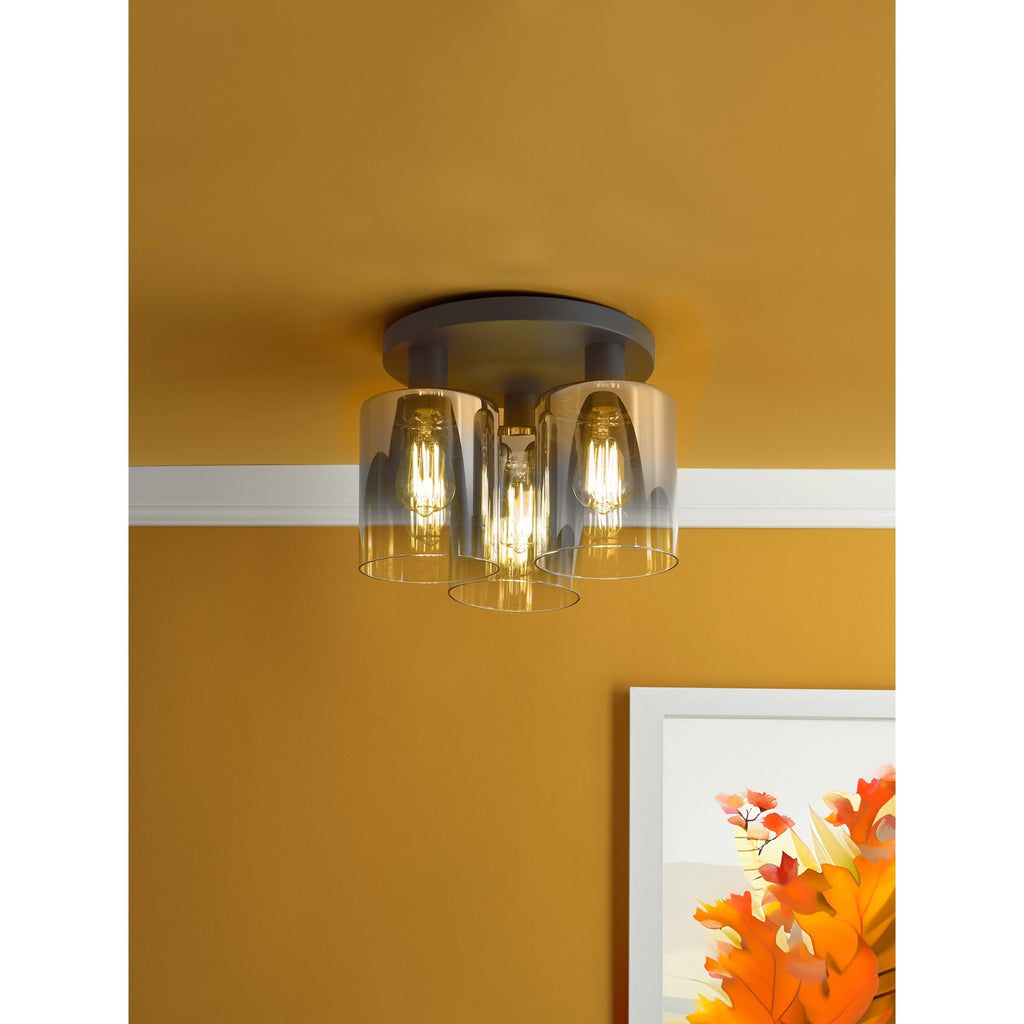 Savannah Modern 3 Light Flush Ceiling Light In Matt Black With Smoked Glass Shades SAV5322