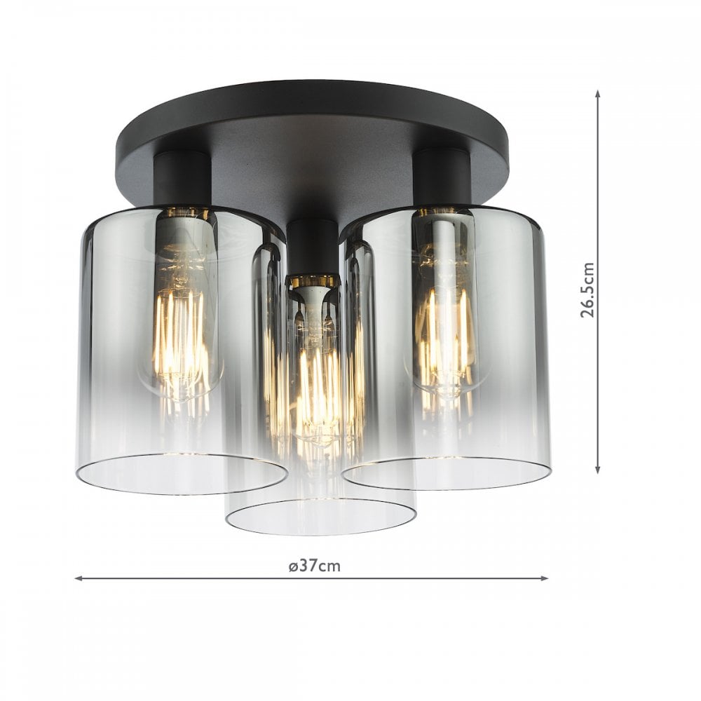 Savannah Modern 3 Light Flush Ceiling Light In Matt Black With Smoked Glass Shades SAV5322