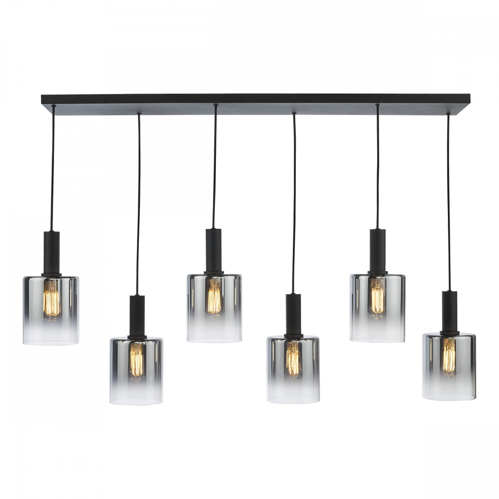 Savannah Modern 6 Light Bar Ceiling Pendant Light In Matt Black With Smoked Glass SAV0622
