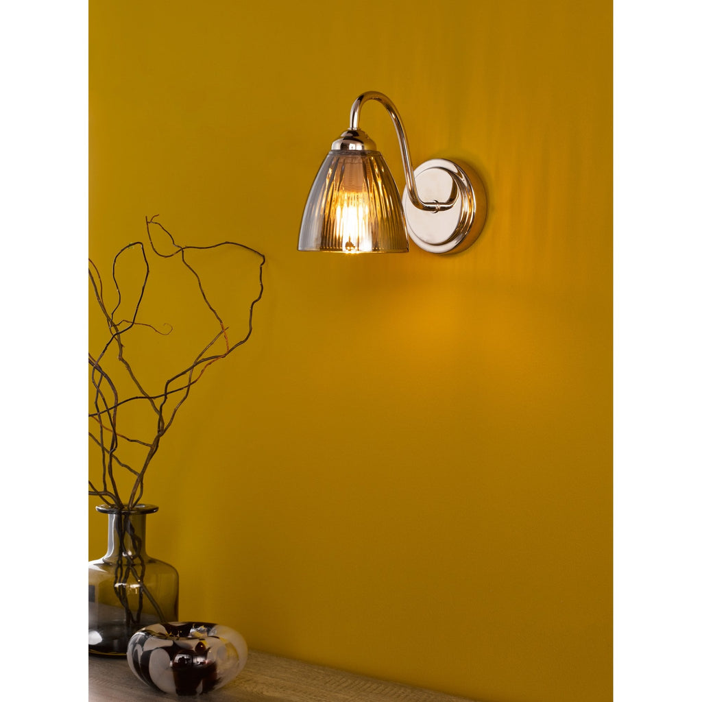 Glynis Wall Light In Polished Nickel Finish With Smoked Ribbed Glass Shade GLY0738