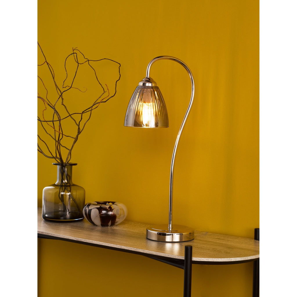 Glynis Table Lamp In Polished Nickel With Smoked Ribbed Glass Shade GLY4238
