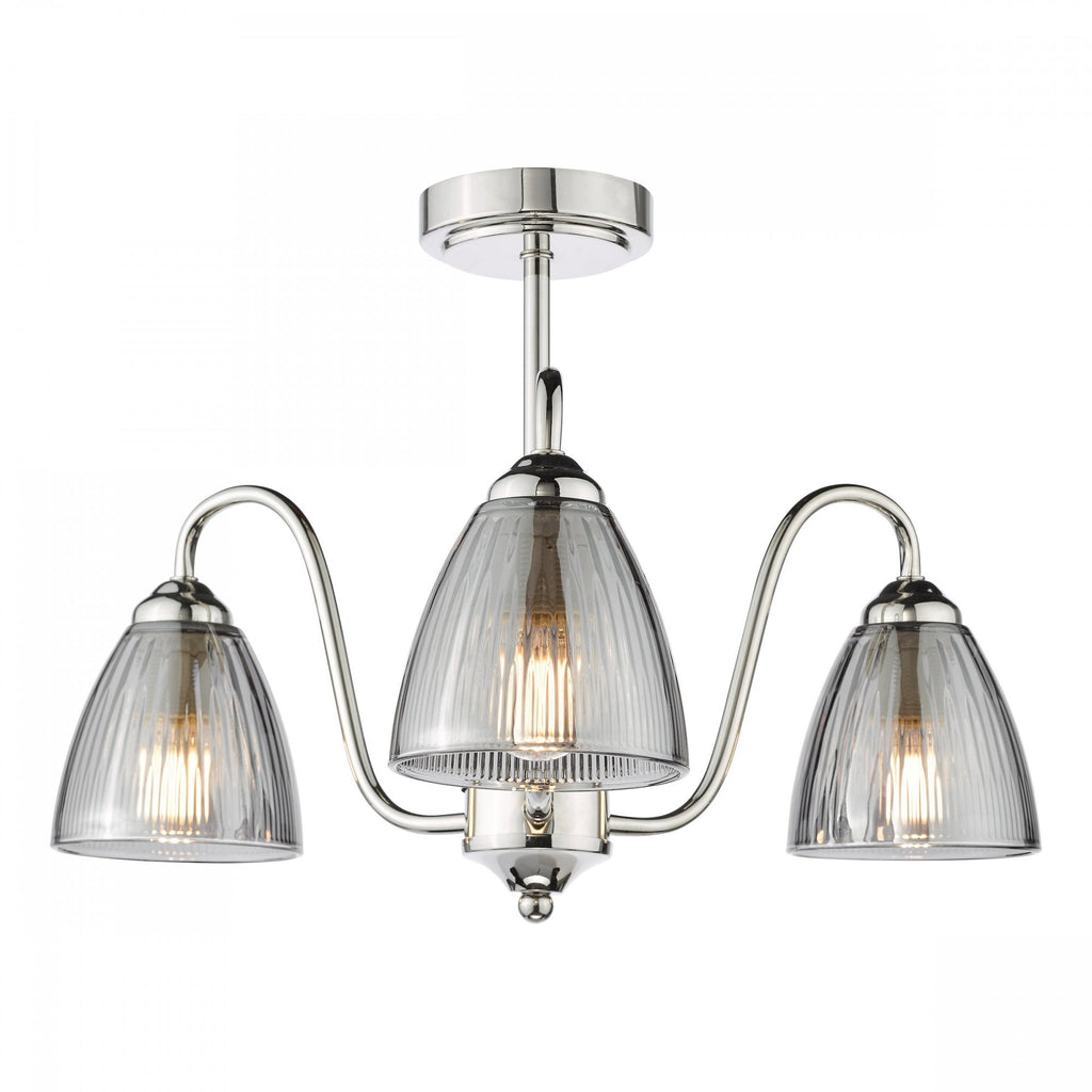Glynis 3 Light Semi Flush Ceiling Light In Polished Nickel With Smoked Ribbed Glass GLY5338