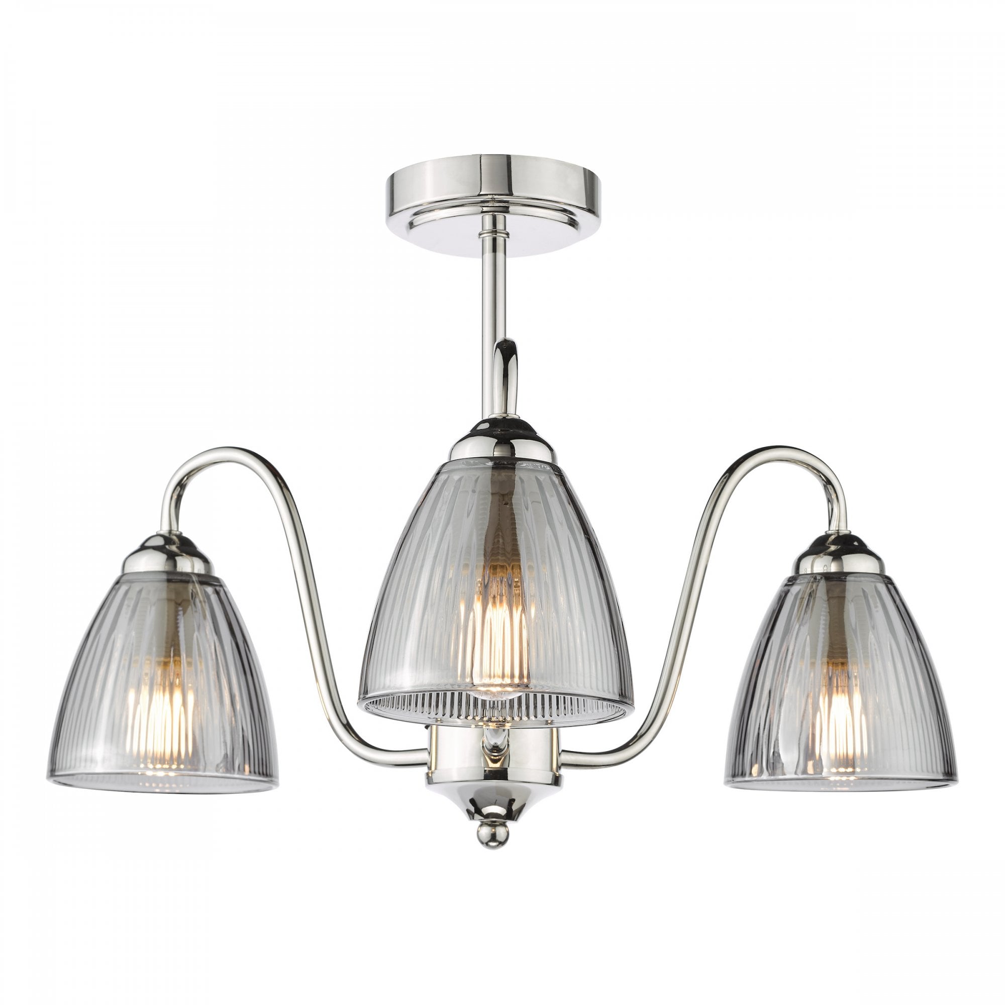 Glynis 3 Light Semi Flush Ceiling Light In Polished Nickel With Smoked Ribbed Glass GLY5338