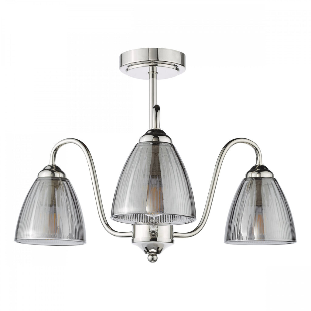 Glynis 3 Light Semi Flush Ceiling Light In Polished Nickel With Smoked Ribbed Glass GLY5338