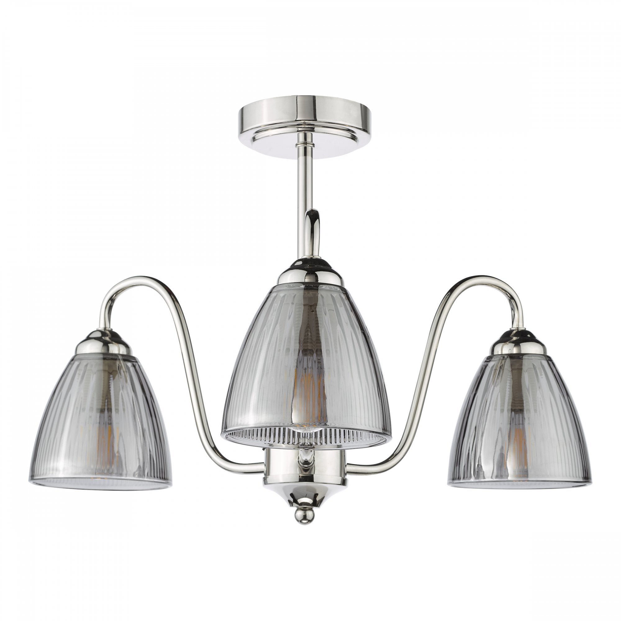 Glynis 3 Light Semi Flush Ceiling Light In Polished Nickel With Smoked Ribbed Glass GLY5338