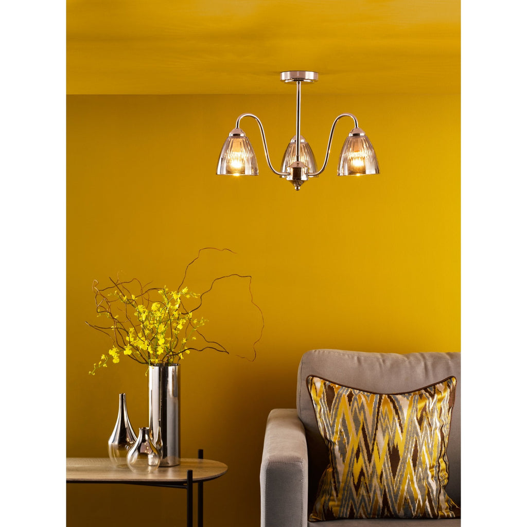 Glynis 3 Light Semi Flush Ceiling Light In Polished Nickel With Smoked Ribbed Glass GLY5338
