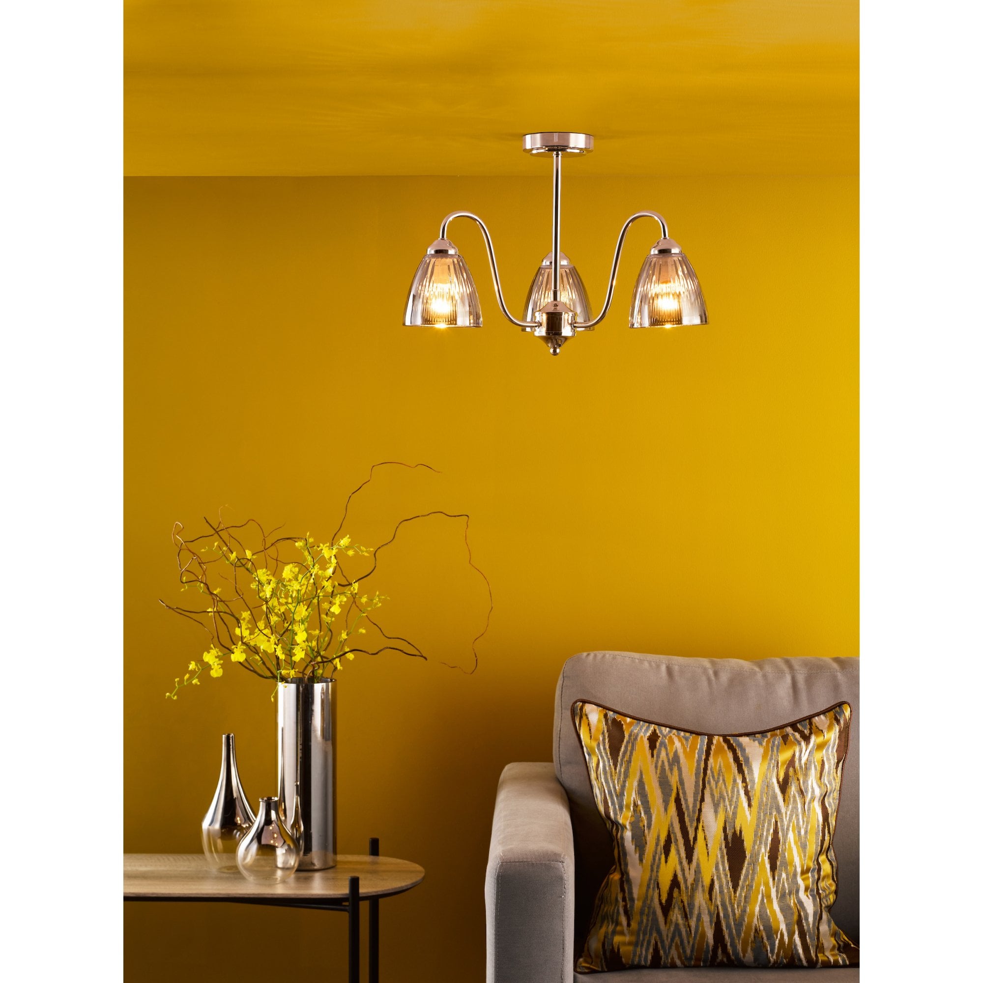 Glynis 3 Light Semi Flush Ceiling Light In Polished Nickel With Smoked Ribbed Glass GLY5338