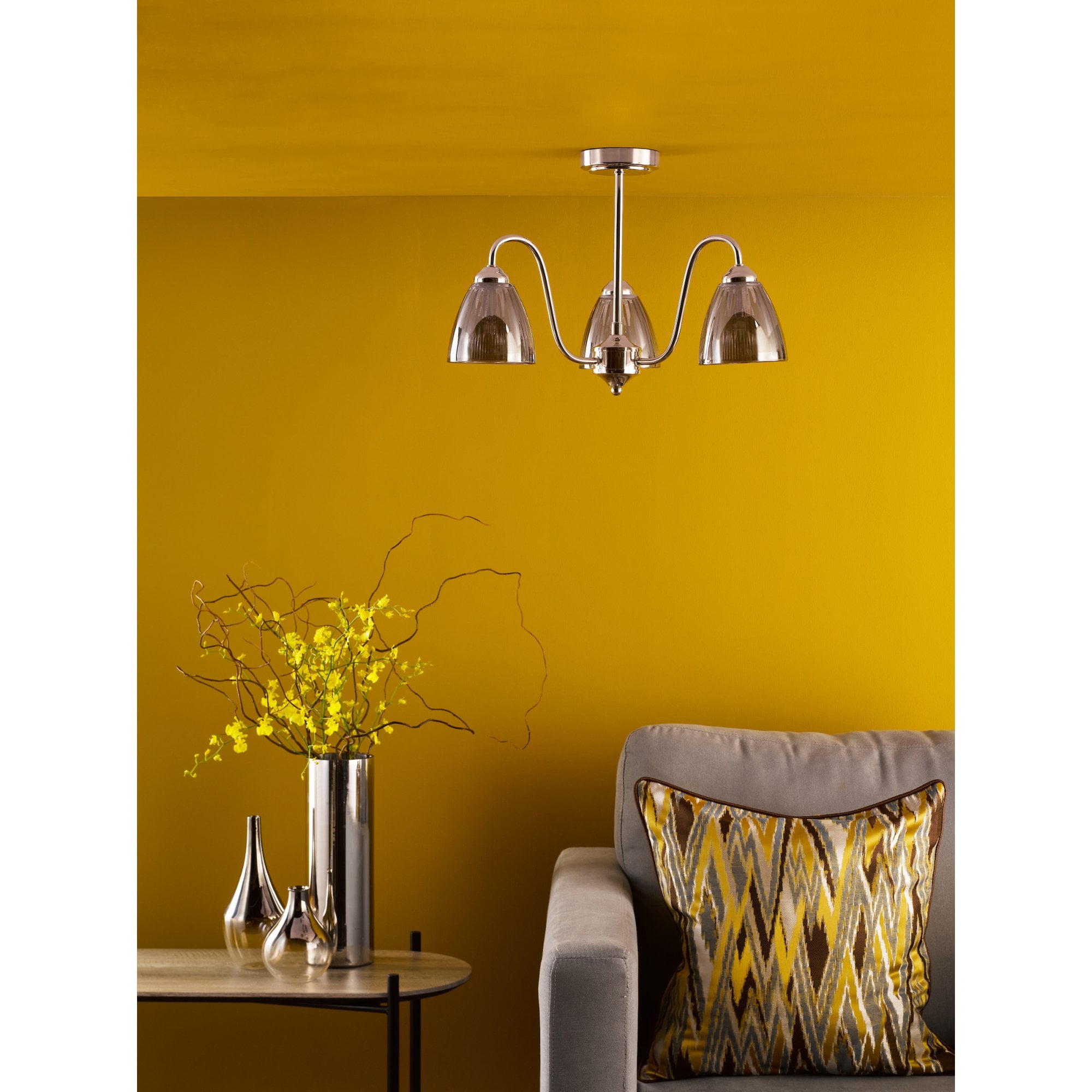 Glynis 3 Light Semi Flush Ceiling Light In Polished Nickel With Smoked Ribbed Glass GLY5338