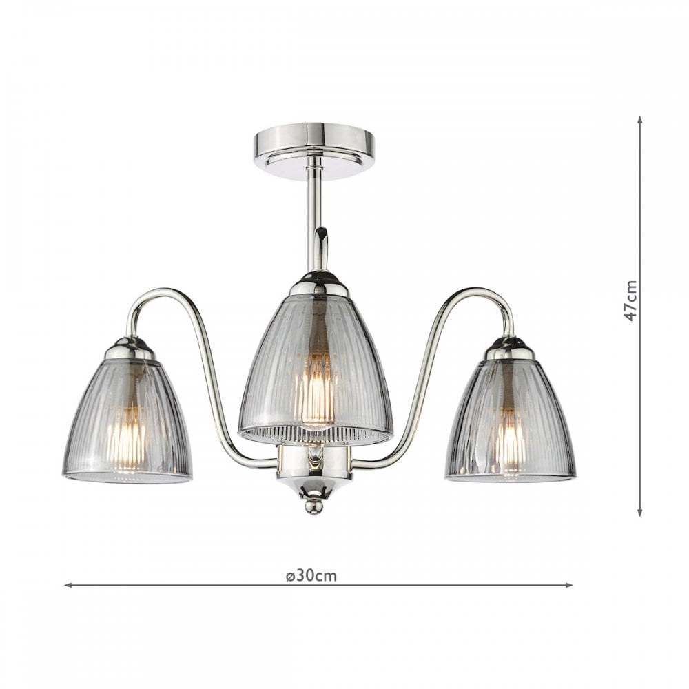 Glynis 3 Light Semi Flush Ceiling Light In Polished Nickel With Smoked Ribbed Glass GLY5338