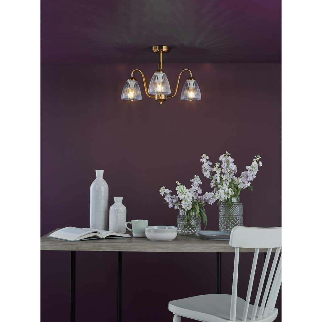 Glynis 3 Light Semi Flush Ceiling Light In Antique Bronze Finish With Ribbed Glass Shades GLY5363