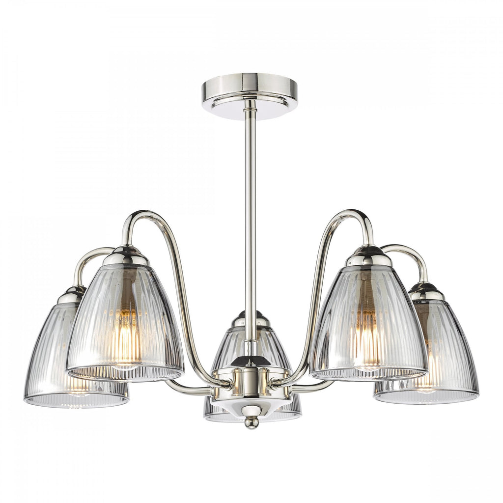 Glynis 5 Light Semi Flush Ceiling Light In Polished Nickel With Smoked Ribbed Glass GLY5438