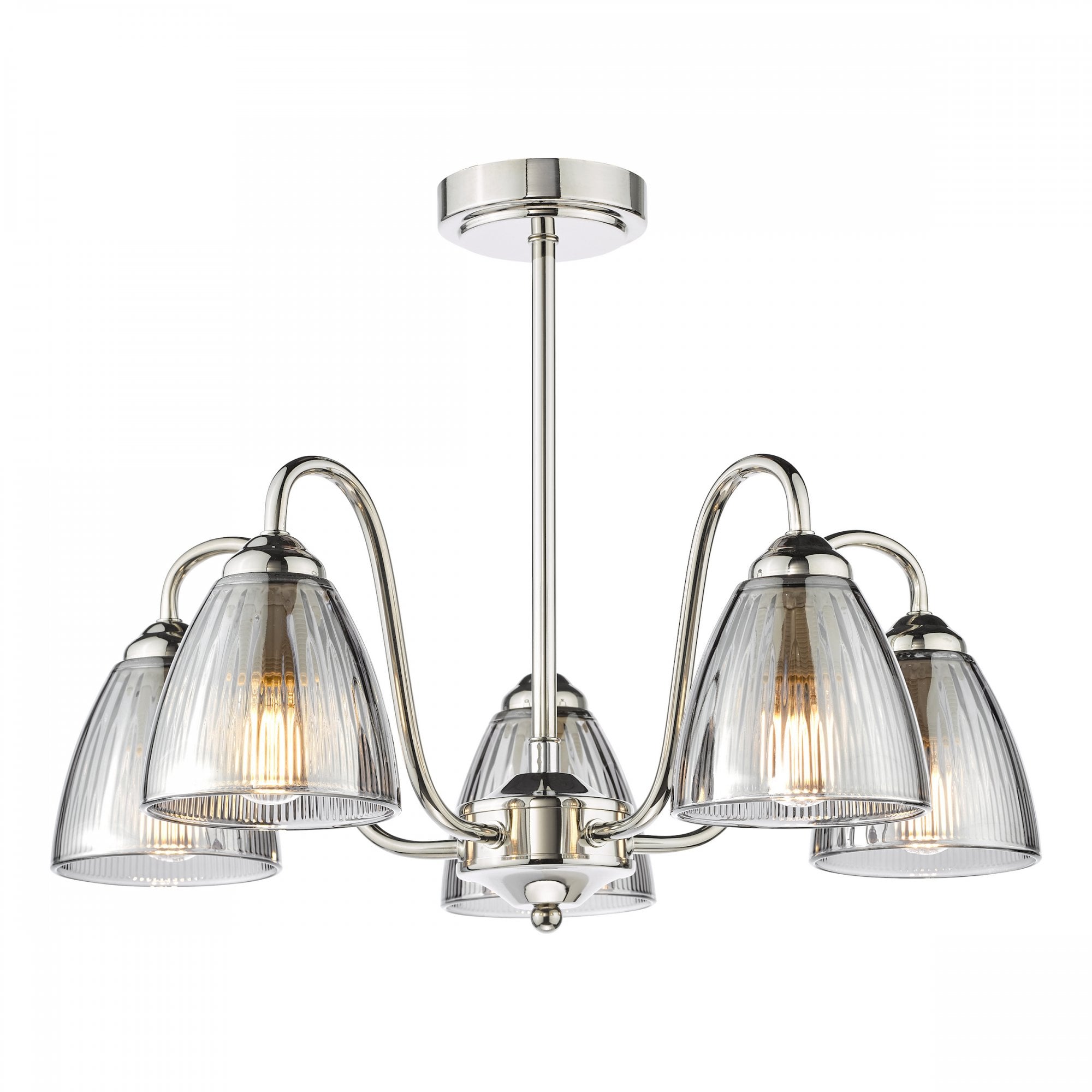 Glynis 5 Light Semi Flush Ceiling Light In Polished Nickel With Smoked Ribbed Glass GLY5438