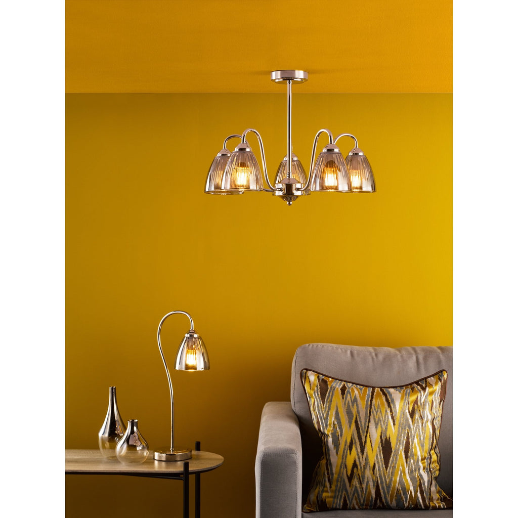 Glynis 5 Light Semi Flush Ceiling Light In Polished Nickel With Smoked Ribbed Glass GLY5438