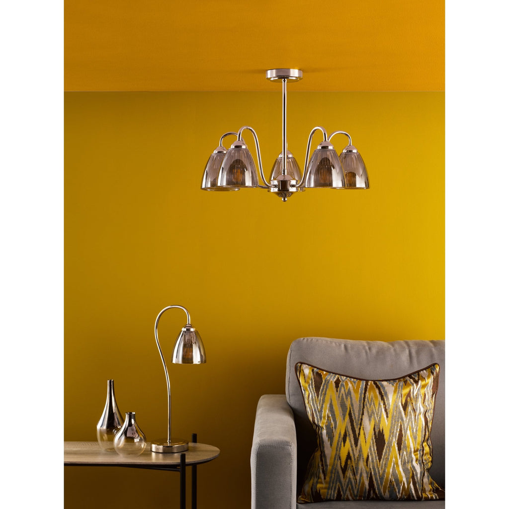 Glynis 5 Light Semi Flush Ceiling Light In Polished Nickel With Smoked Ribbed Glass GLY5438
