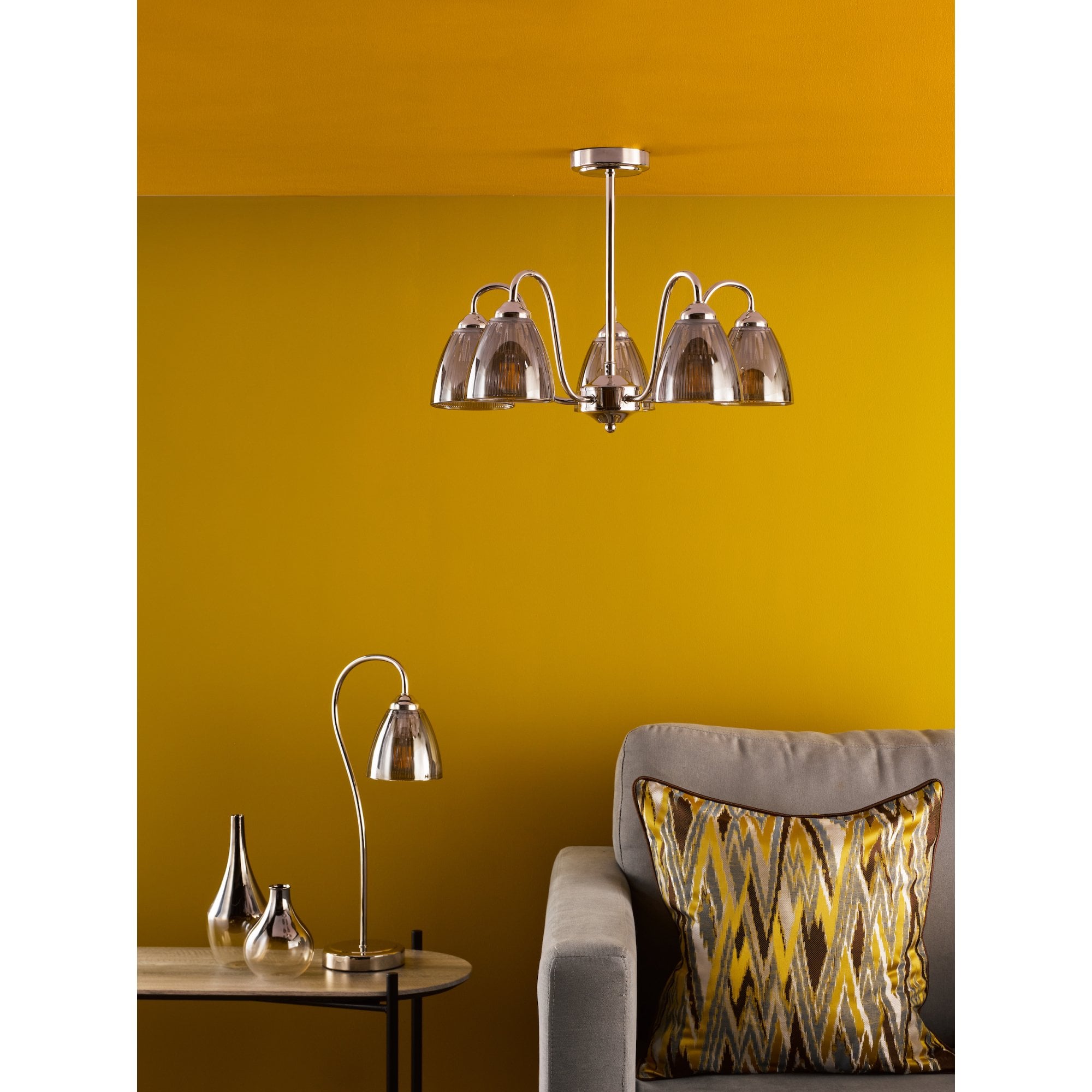 Glynis 5 Light Semi Flush Ceiling Light In Polished Nickel With Smoked Ribbed Glass GLY5438