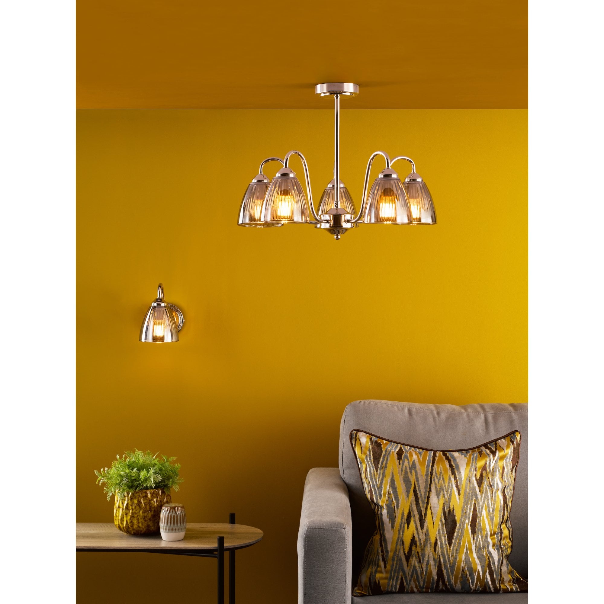 Glynis 5 Light Semi Flush Ceiling Light In Polished Nickel With Smoked Ribbed Glass GLY5438