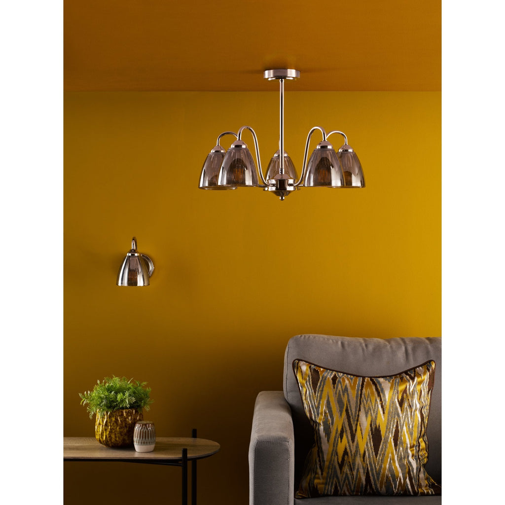 Glynis 5 Light Semi Flush Ceiling Light In Polished Nickel With Smoked Ribbed Glass GLY5438