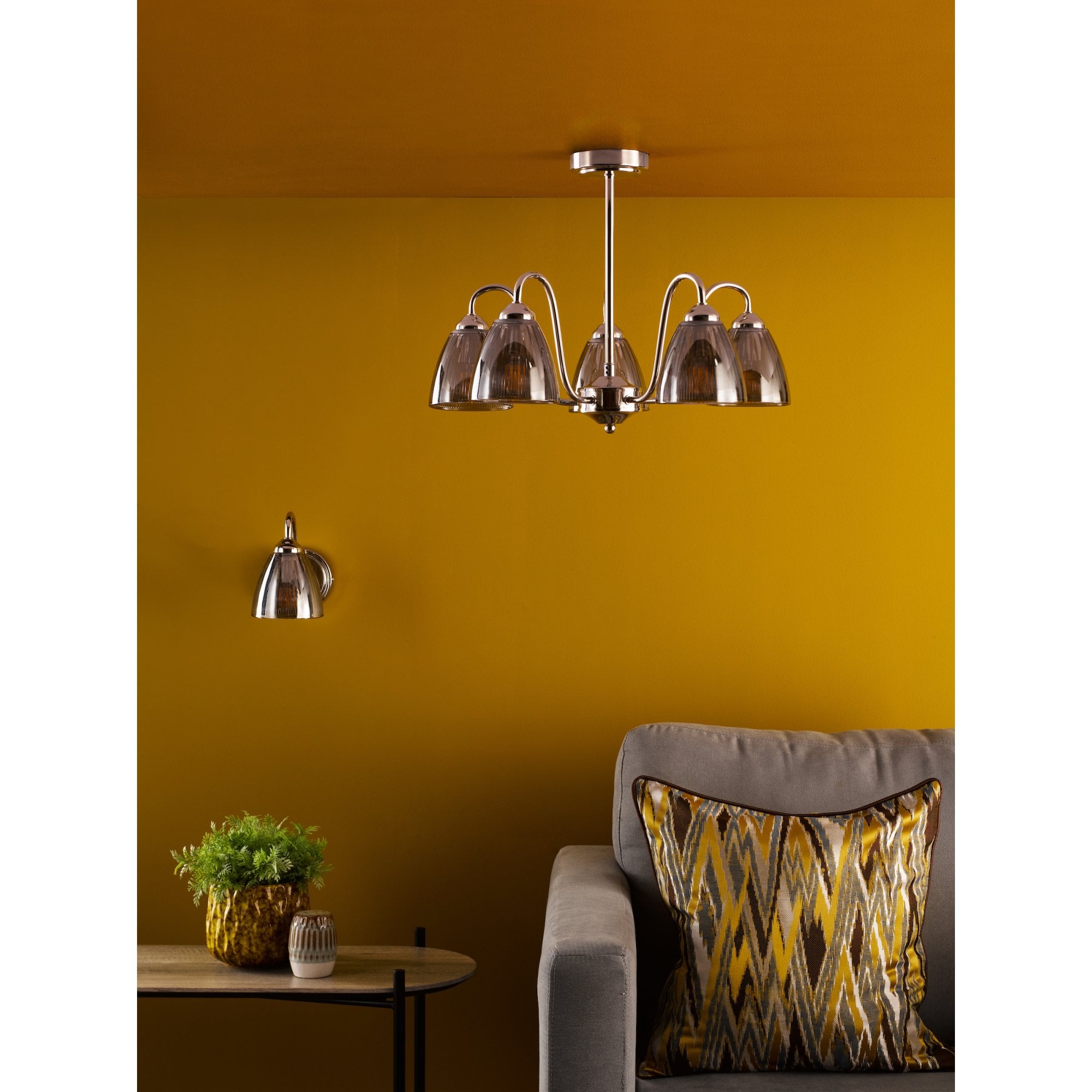 Glynis 5 Light Semi Flush Ceiling Light In Polished Nickel With Smoked Ribbed Glass GLY5438