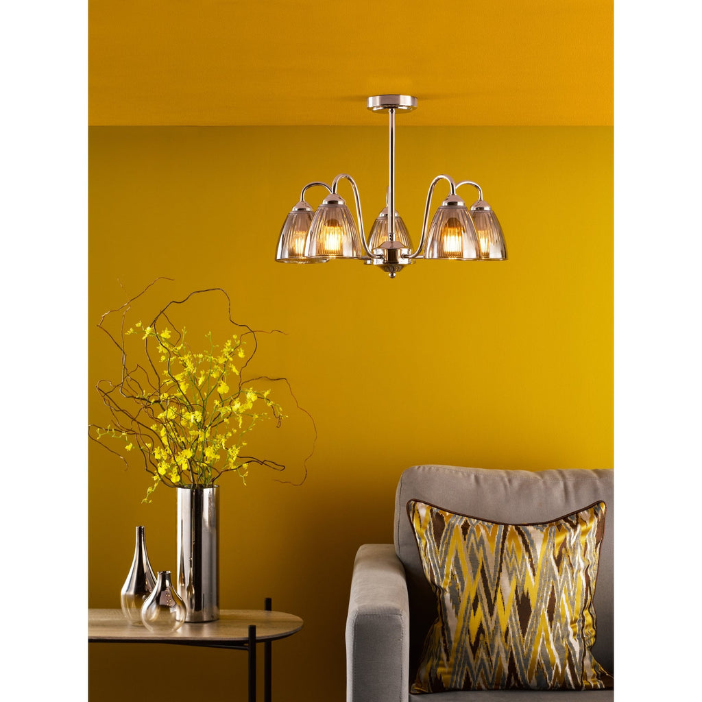 Glynis 5 Light Semi Flush Ceiling Light In Polished Nickel With Smoked Ribbed Glass GLY5438