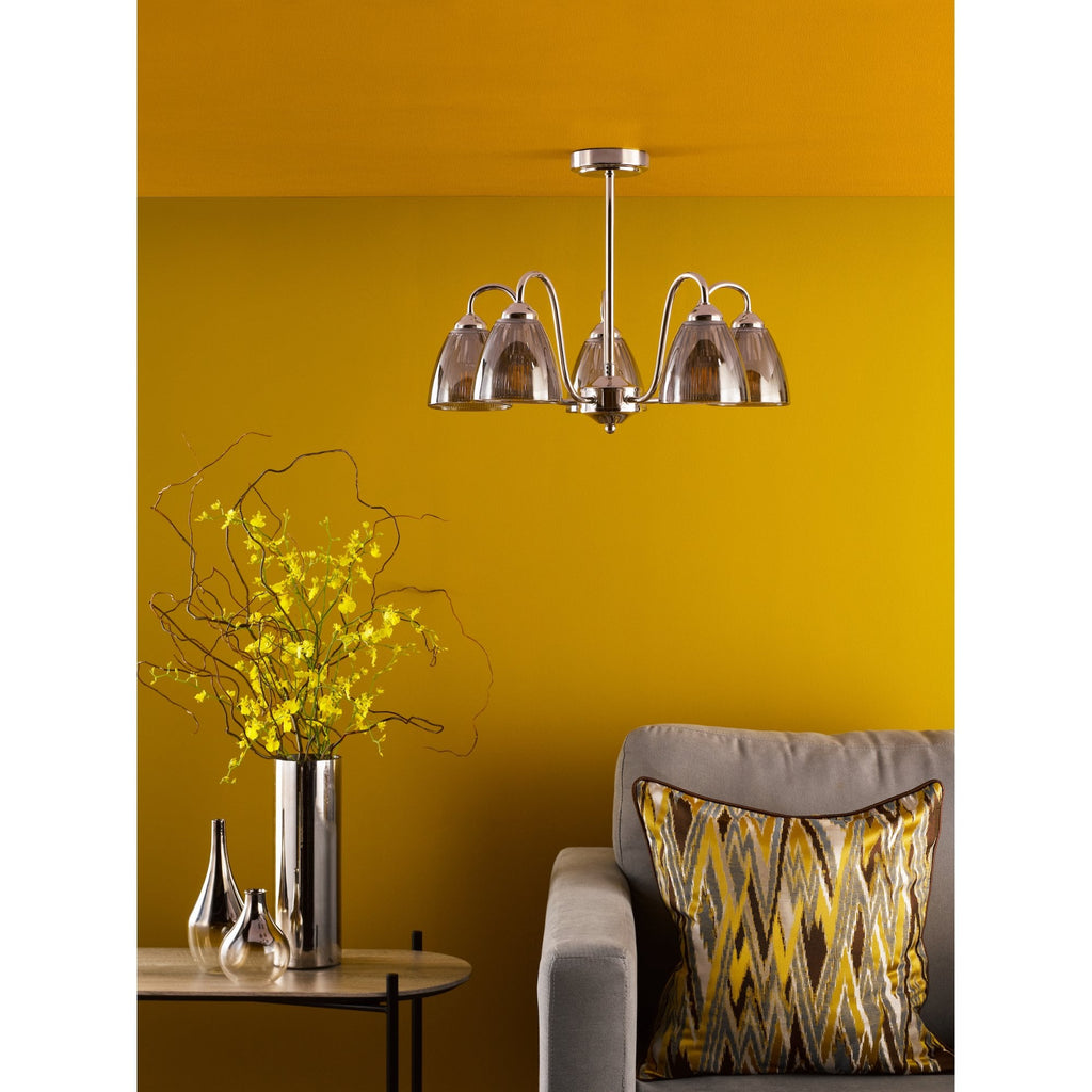 Glynis 5 Light Semi Flush Ceiling Light In Polished Nickel With Smoked Ribbed Glass GLY5438