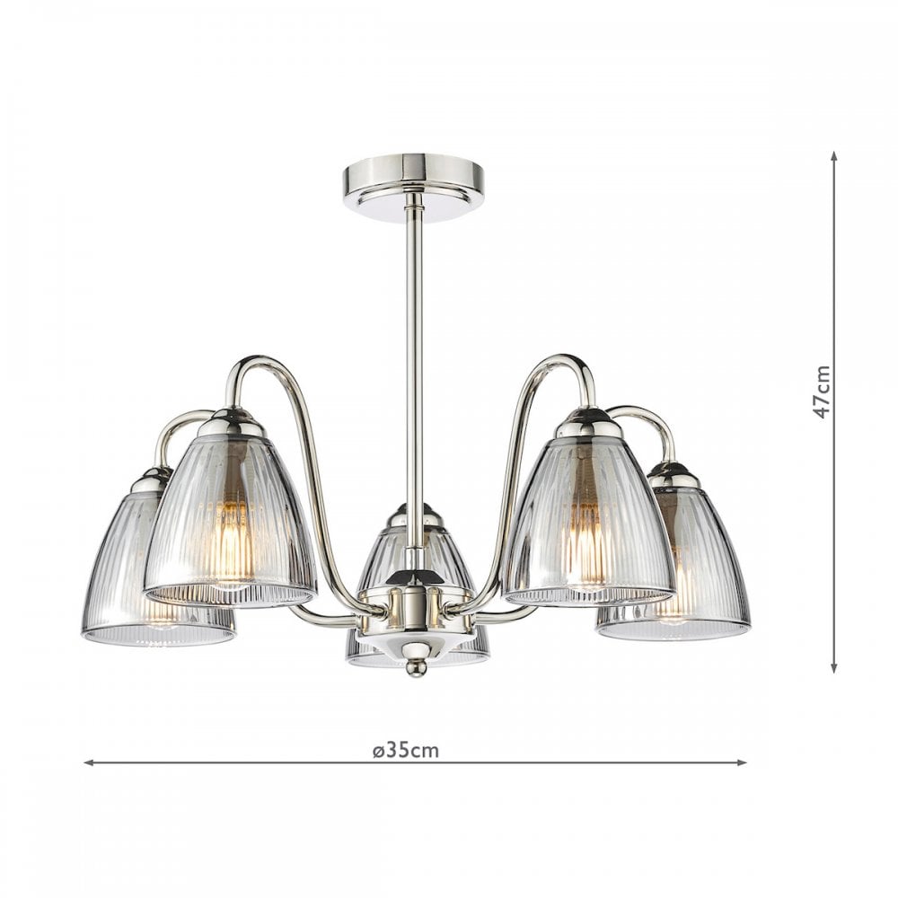 Glynis 5 Light Semi Flush Ceiling Light In Polished Nickel With Smoked Ribbed Glass GLY5438