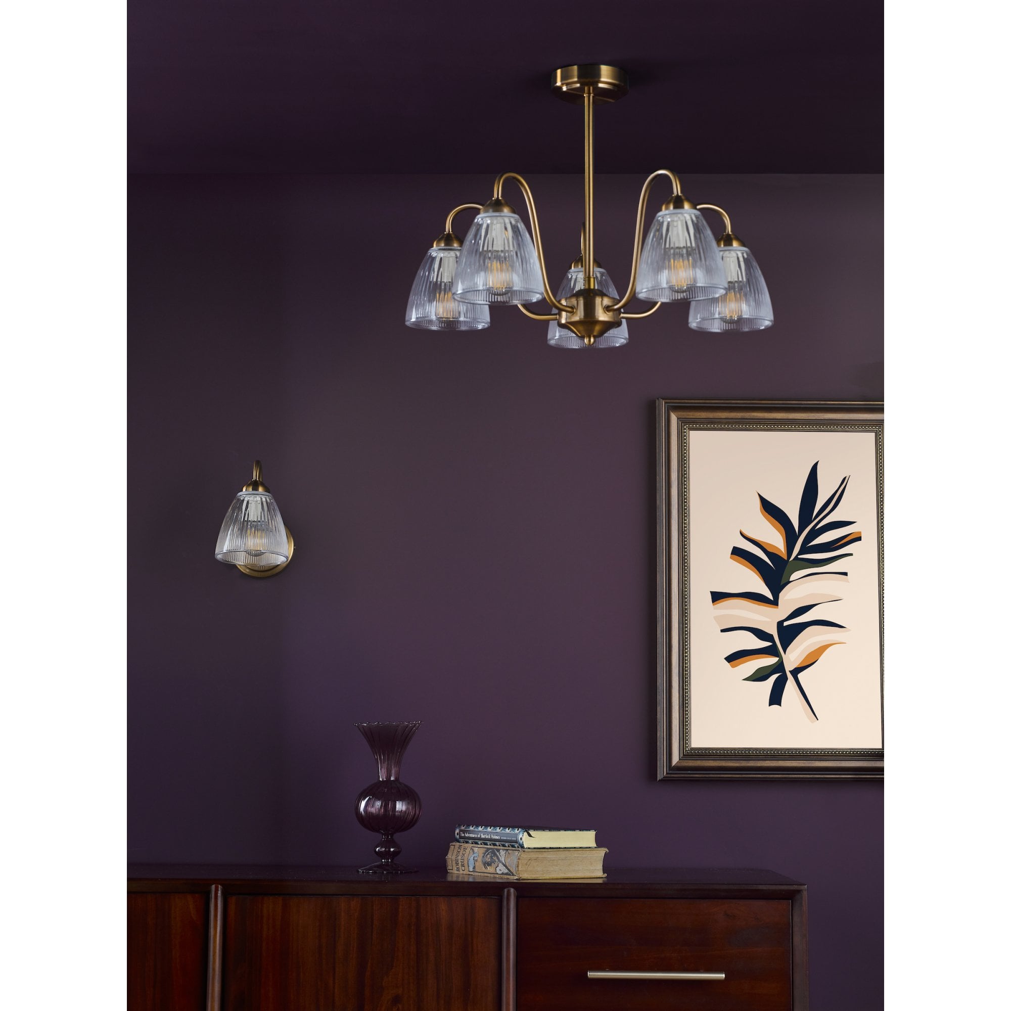 Glynis 5 Light Semi Flush Ceiling Light In Brushed Bronze With Ribbed Glass Shade GLY5463